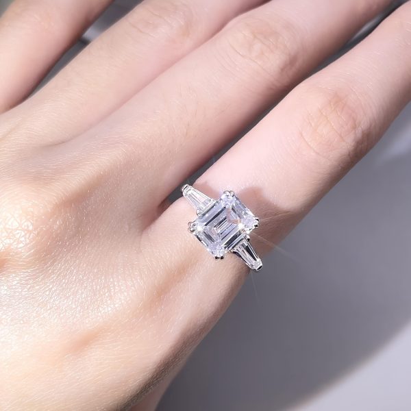 Charming Ideal Jade Cut Moissanite Ring Women' S 4ct Three Stone Moissanite Engagement Ring Sterling Silver Platinum Plated Anniversary Wedding Ring, Greystone, Moissanite - Image 11