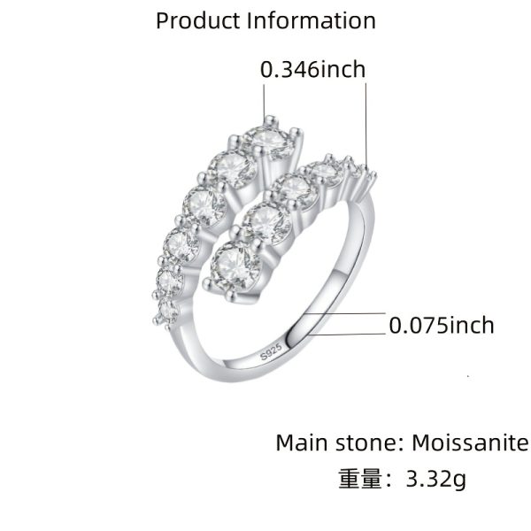 3.36 Carat 925 Sterling Silver Moissanite Open Ring, Equal Size, Elegant Classic Design, Everyday Wear, 5g, with Gift Box - Image 5