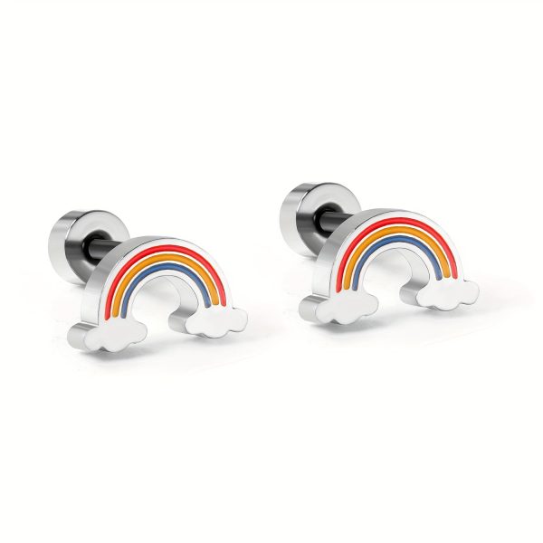 2 Pcs Minimalist Stainless Steel Rainbow Ear Studs with Screw Earrings Needles, Cute and Durable Jewelry - Image 3