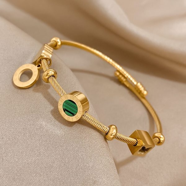 1pc Stainless Steel Retro Punk Style Adjustable Bangle, Golden Color with Elegant Green Stone & Roman Numerals, Ideal for Trendy Party Daily Wear and as Valentine's Day & Christmas Jewelry Gift for Women - Image 5