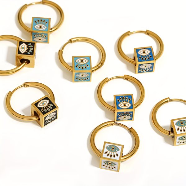 1 Pair Stainless Steel Vintage Punk Square Evil Eye Hoop Earrings For Men, Hip Hop Ear Jewelry - Image 8