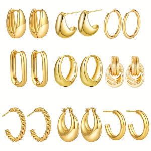 9pairs Chunky Gold Hoop Earrings Set, 14K Gold-Plated Hypoallergenic Thick Open Hoops Assorted Jewelry