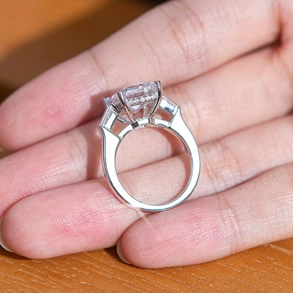 Charming Ideal Jade Cut Moissanite Ring Women' S 4ct Three Stone Moissanite Engagement Ring Sterling Silver Platinum Plated Anniversary Wedding Ring, Greystone, Moissanite - Image 2