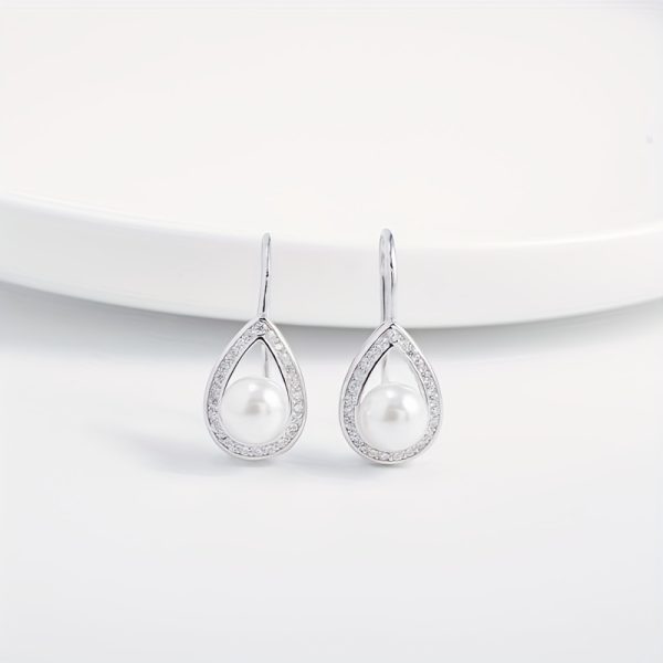 Sterling 925 Silver Hypoallergenic Ear Jewelry Hollow Droplet Shape Freshwater Pearl Inlaid Dangle Earrings Elegant Luxury Style Daily Casual - Image 9