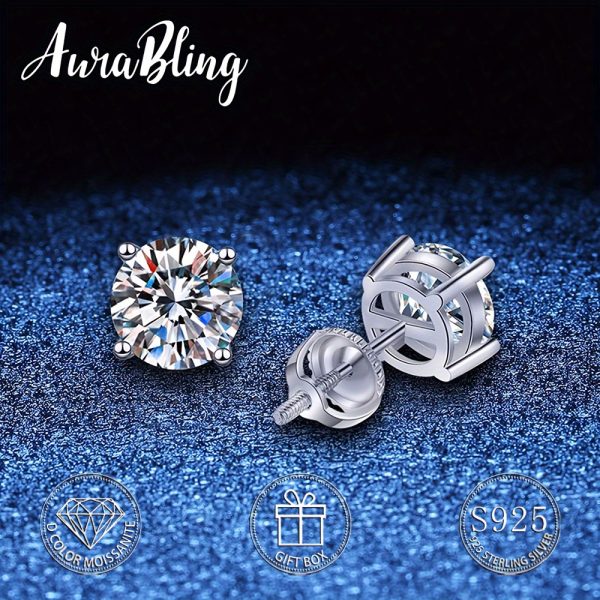 1 Pair of AuraBling S925 Sterling Silver Classic Moissanite D Color Stud Earrings with Gift Box and Silver Polishing Cloth - Image 2