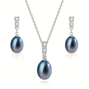 9-10MM 925 Sterling Silver Freshwater Cultured Pearl Necklace And Earrings Set