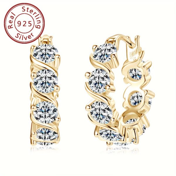 Elegant 925 Sterling Silver Hoop Earrings with 4mm Round Cut Moissanite Stones, 14K Gold Plated Hoops for Women, Synthetic April Birthstone Jewelry, Versatile for Party, Wedding & Christmas, 4.8ct Total Weight - Pair - Image 3