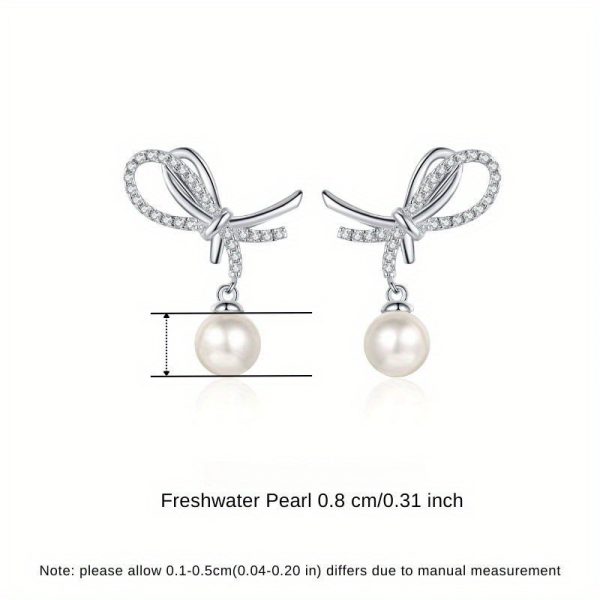 Freshwater Pearl1Pair Freshwater Pearl S925 Sterling Silver Earrings, Bowknot Sweet Temperament Atmospheric Simple High-End Design Jewelry - Image 5