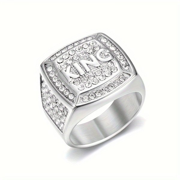 1pc 316L Stainless Steel Hip Hop Punk Style Ring, Luxurious Goldenu002FSilvery King Ring, Inlaid With Rhinestone Ring For Men, Boyfriends Gift Fashion Jewelry - Image 3