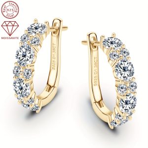 Elegant 14K Golden Plated 925 Sterling Silver Hoop Earrings with Synthetic Moissanite Stones, Luxury Round Cut April Birthstone Earrings, Perfect for Wedding and Christmas Holiday Season