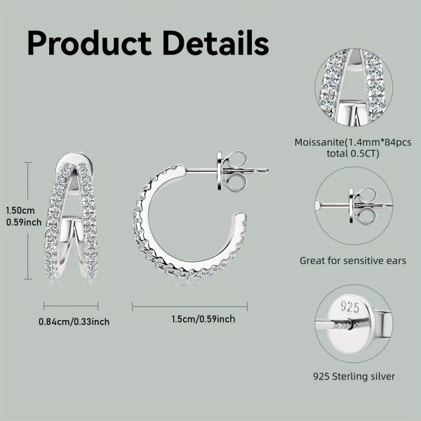 925 Sterling Silver Hoop Earrings with Synthetic Moissanite, 1.4mm 0.5ct*2pcs, Classic Split-Shank Design, 14K Gold Plated, April Birthstone, Holiday Christmas Gift, Wedding & Vacation Accessory, 1 Pair - Image 6