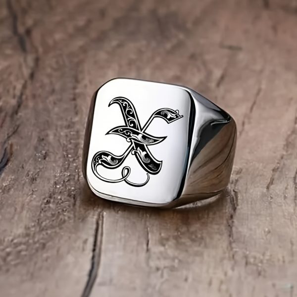 1pc Fashion Trendy 26 Letters Men's Square Stainless Steel Ring - Image 27