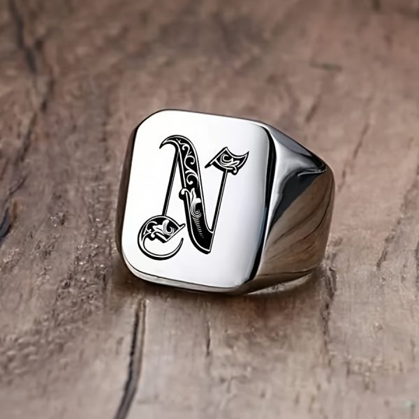 1pc Fashion Trendy 26 Letters Men's Square Stainless Steel Ring - Image 17