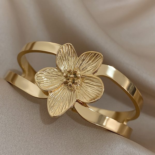 Vintage Stainless Steel Flowers Bangle with Five Petal Flower Shape Cuff Waterproof Jewelry Gifts - Image 3
