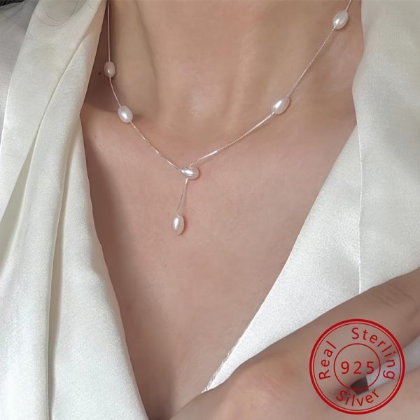 925 Sterling Silver Long Extended Chain Freshwater Pearl Tassel Y-Shaped Necklace for Women - Elegant Simple Birthday Valentine's Day Jewelry Gift - Image 8