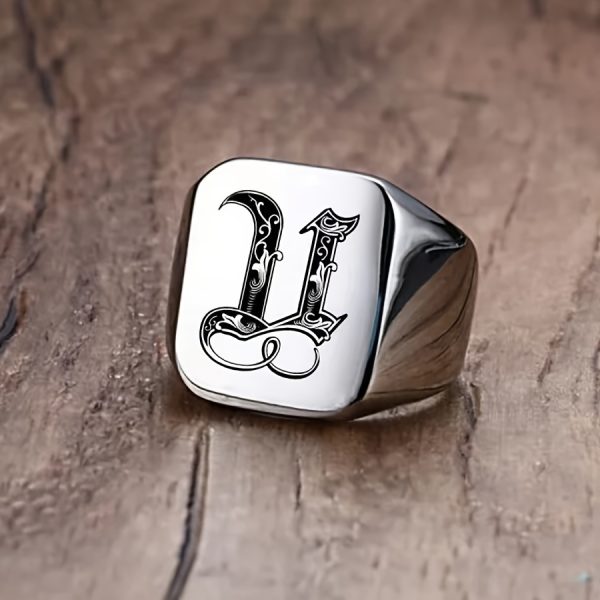 1pc Fashion Trendy 26 Letters Men's Square Stainless Steel Ring - Image 24