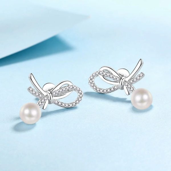 Freshwater Pearl1Pair Freshwater Pearl S925 Sterling Silver Earrings, Bowknot Sweet Temperament Atmospheric Simple High-End Design Jewelry - Image 2