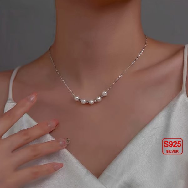 Luxurious Pearl Strand Necklace - 925 Sterling Silver Hypoallergenic Shell Pearl Jewelry with Simple Retro Design Clavicle Chain and Gift Box - Ideal for Sensitive Skin and Everyday Wear - Image 3