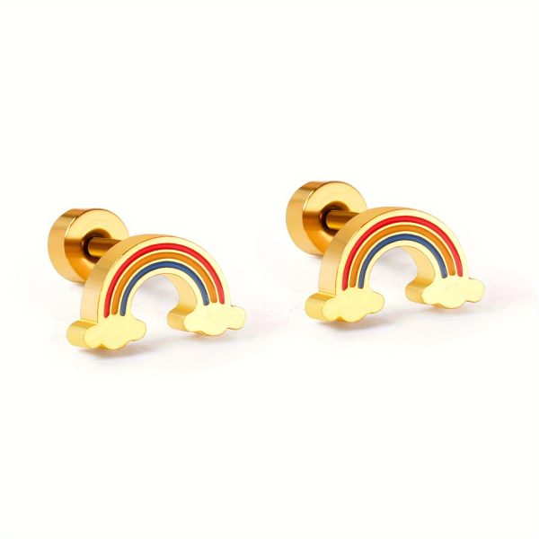 2 Pcs Minimalist Stainless Steel Rainbow Ear Studs with Screw Earrings Needles, Cute and Durable Jewelry - Image 8
