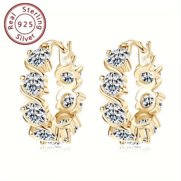 Elegant 925 Sterling Silver Hoop Earrings with 4mm Round Cut Moissanite Stones, 14K Gold Plated Hoops for Women, Synthetic April Birthstone Jewelry, Versatile for Party, Wedding & Christmas, 4.8ct Total Weight - Pair
