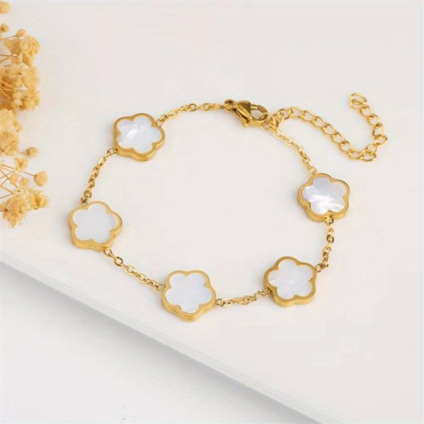 18K Gold Plated Flower Design Stainless Steel Bracelet, Elegant Floral Style Hand Decor Bracelet Jewelry Gift - Image 4