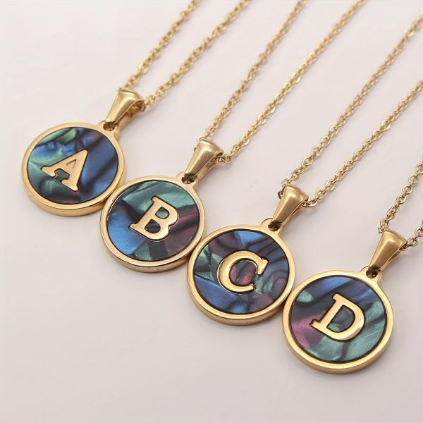 26-Letter Stainless Steel Round Abalone Pendant Necklace for Women - 18K Plated Jewelry with Personalized English Alphabet Letter Charm - Durable, Hypoallergenic, and Nickel-Free Accessories for Women's Everyday Wear