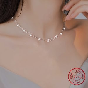 1pc Exquisite S925 Sterling Silver Double Layer Shell Pearl Necklace - Elegant Collarbone Chain with Luminous Pearls and Delicate Craftsmanship - Perfect Gift for Women on Birthday, Mother's Day, Valentine's Day