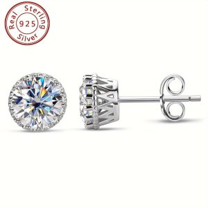 1 Pair Elegant Classic Moissanite Stud Earrings, 6.5mm Round D Color Synthetic Stones, 925 Sterling Silver, 18K Golden Plated, Mother'S Day Gift, All Season Jewelry for Women