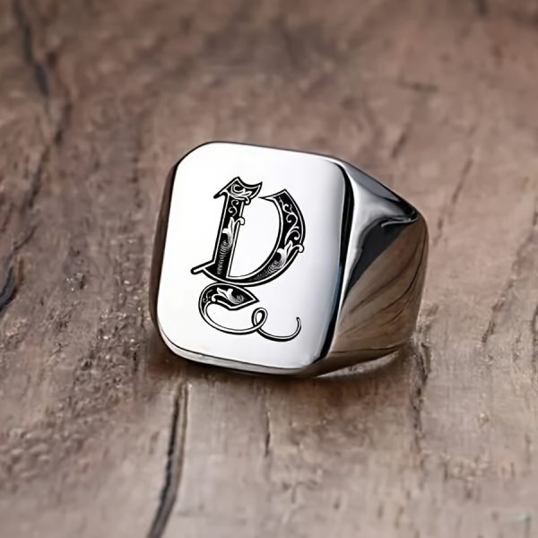 1pc Fashion Trendy 26 Letters Men's Square Stainless Steel Ring - Image 28