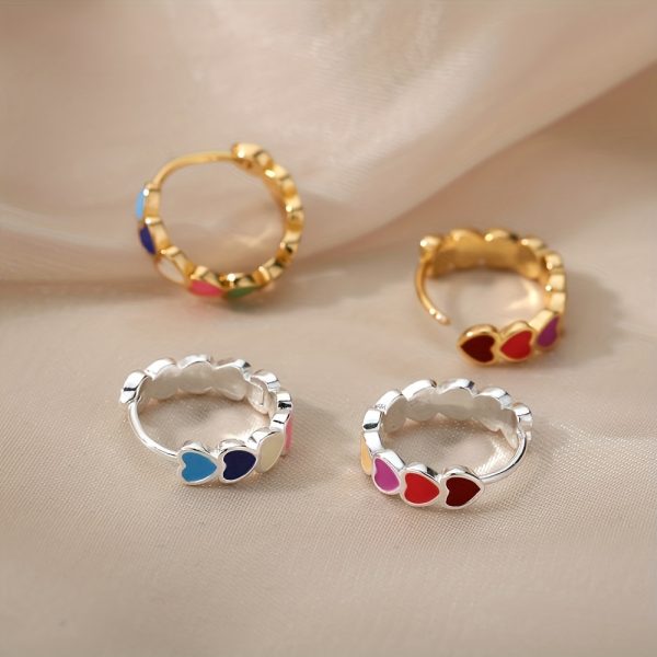 1 Pair Boho Stainless Steel Golden Plated Multicolor Heart Shaped Hoop Earrings For Men - Image 6