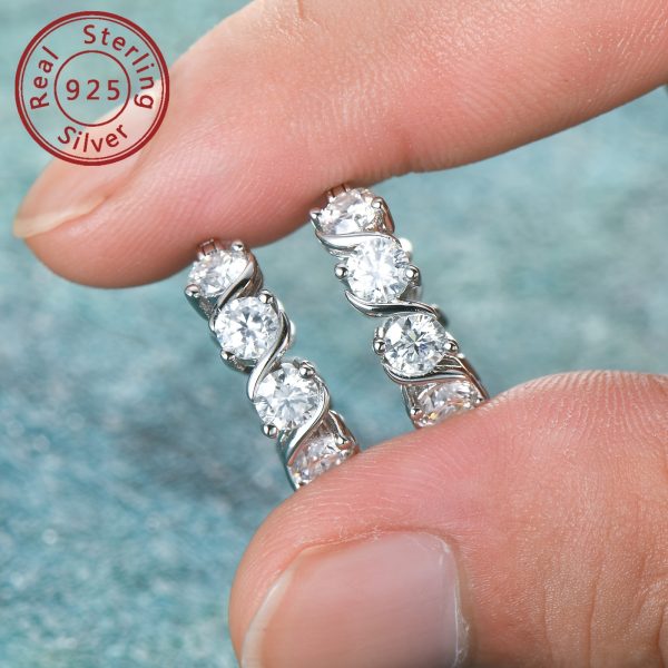 Elegant 925 Sterling Silver Hoop Earrings with 4mm Round Cut Moissanite Stones, 14K Gold Plated Hoops for Women, Synthetic April Birthstone Jewelry, Versatile for Party, Wedding & Christmas, 4.8ct Total Weight - Pair - Image 6