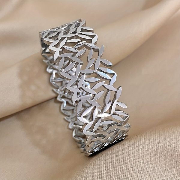 1pc Elegant Leaf-Design Wide Stainless Steel Cuff Bracelet - Unisex Statement Accessory for Casual & Formal Wear - Image 8
