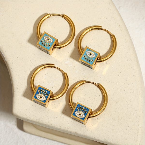1 Pair Stainless Steel Vintage Punk Square Evil Eye Hoop Earrings For Men, Hip Hop Ear Jewelry - Image 13