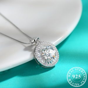 2 Carat Moissanite Round Halo Pendant Necklace - 925 Sterling Silver, Elegant and Sexy Style, Engagement, Wedding Accessories, Gifts for Women