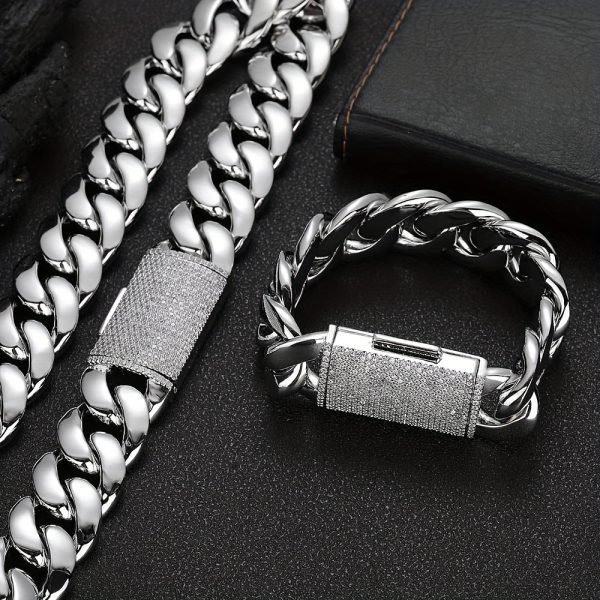 2pcs Thick Hip Hop Jewelry Set - Stainless Steel Cuban Link Chain Necklace and Bracelet for Men - 14MM Buckle, Durable, Shine Finish, Fashionable - Image 2